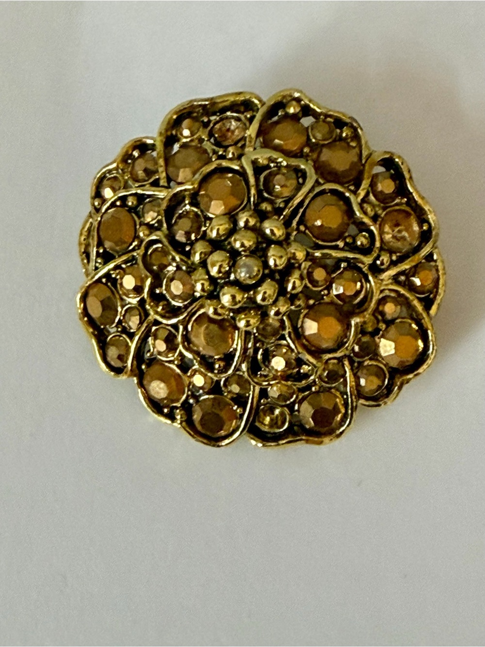 Vintage Hollycraft Amber Rhinestone‎ Floral Brooch Gold Tone Flower Pin Signed